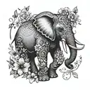 elephant with tusks entangled with flowers with vines and thorns and butterflies  tattoo design idea