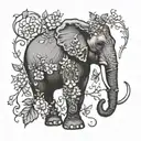 elephant with tusks entangled with flowers with vines and thorns and butterflies  tattoo design idea