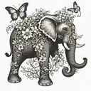 elephant with tusks entangled with flowers with vines and thorns and butterflies  tattoo design idea