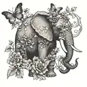elephant with tusks entangled with flowers with vines and thorns and butterflies  tattoo design idea