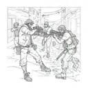 Sketch a scene of Tropa do mantém members in action tattoo design idea
