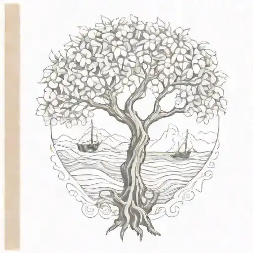 Apple tree, carob tree, wave, mountain, book, anchor, pencil  tattoo design idea