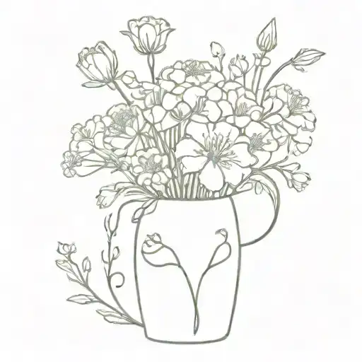 carnations, cosmos, snowdrops, and marigolds in a vase that has the numbers 9.27.24 on the vase  tattoo design idea