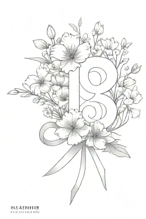 a bouquet with carnations, cosmos, snowdrops, and marigolds with a ribbon tied around it with the numbers 9.27.24 on it tattoo design idea