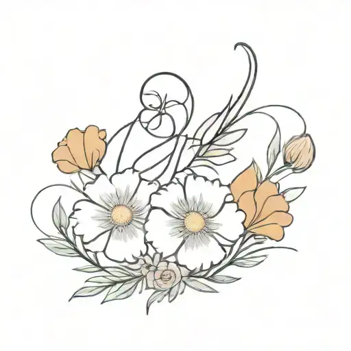 a bouquet with carnations, cosmos, snowdrops, and marigolds with a ribbon tied around it with the numbers 9.27.24 on it tattoo design idea