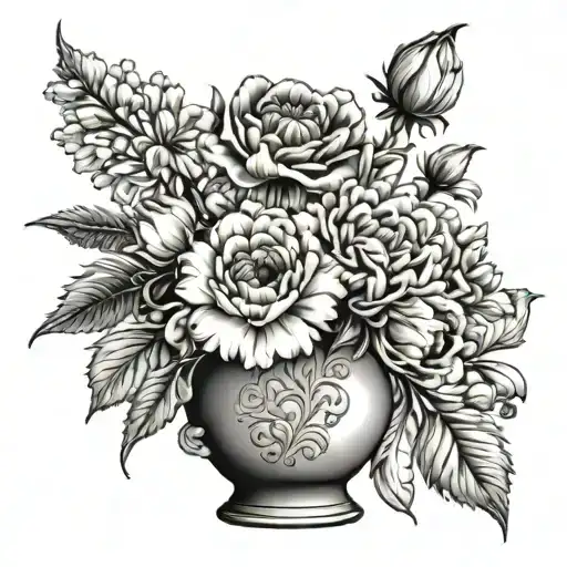 carnations, cosmos, snowdrops, and marigolds in a vase that has the numbers 9.27.24 on the vase  tattoo design idea
