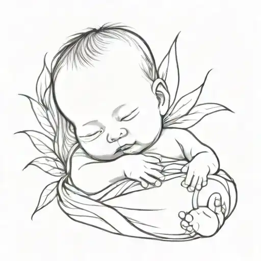 Newborn baby girl - black and white sketch style design tattoo design idea