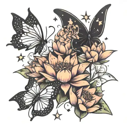 stars butterflies and lotus flower tattoo design idea