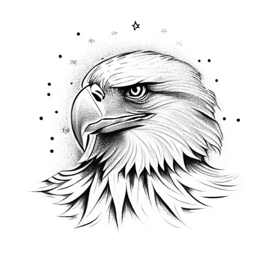 A dotwork design of an eagle clutching a rifle in its talons, surrounded by shooting stars tattoo design idea