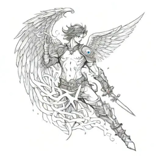 a man with burning wings and a sword in his heart tattoo design idea