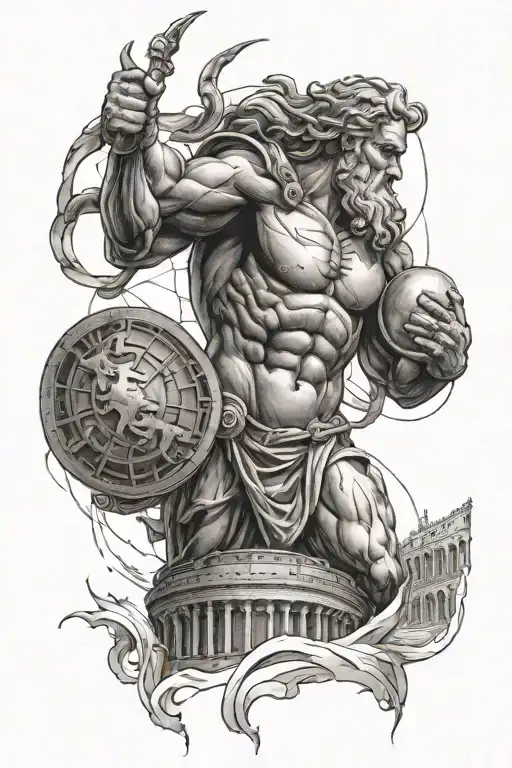 Atlas carrying the world, coloseum, Zeus holding a lightning tattoo design idea