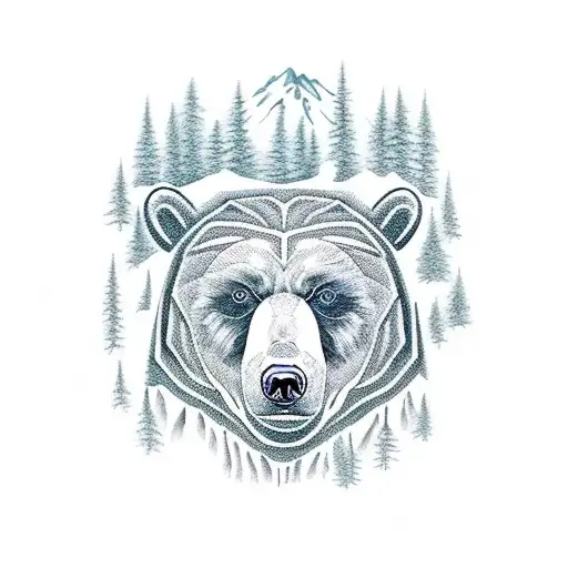 Pacific Northwest, Bear, and built in a way that has the bear made up of the forest, trees, and other landscape elements tattoo design idea