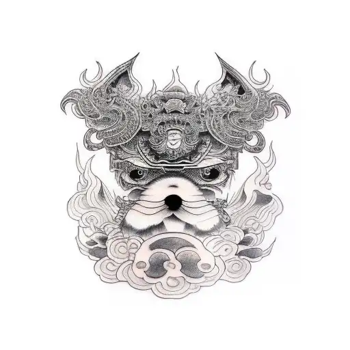 fu dog on thigh  tattoo design idea