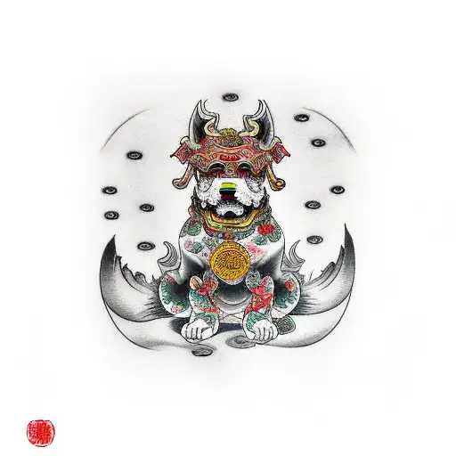 fu dog on thigh  tattoo design idea