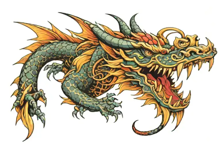 happy dragon with fairies around it tattoo design idea