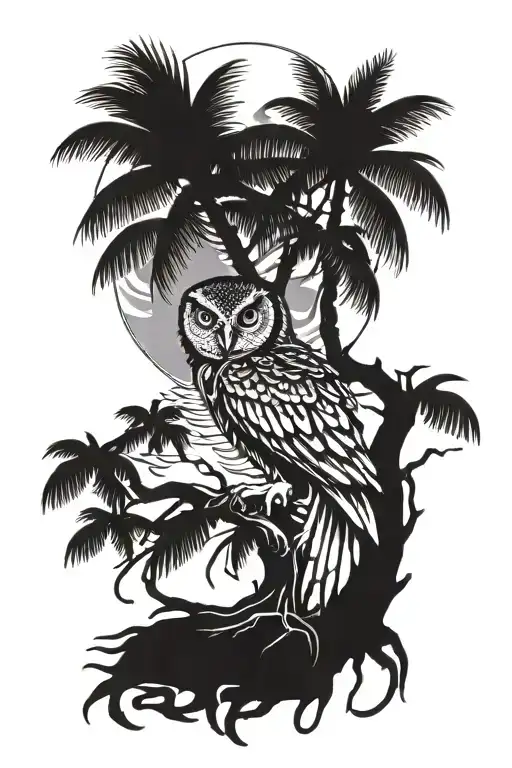 palm tree with roots moving in the water. An owl hides in the roots. around the palm there's a sun and a moon tattoo design idea
