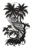 palm tree with roots moving in the water. An owl hides in the roots. around the palm there's a sun and a moon tattoo design idea