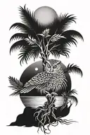 palm tree with roots moving in the water. An owl hides in the roots. around the palm there's a sun and a moon tattoo design idea