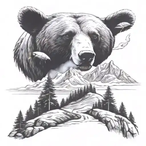 bear walking mountain landscape , include paraglider flying tattoo design idea