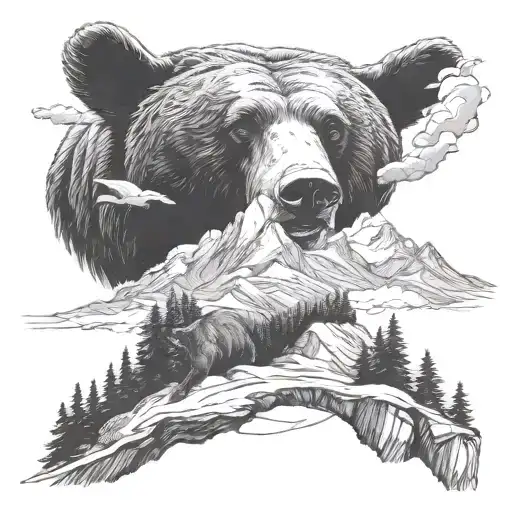 bear walking in Alps mountain landscape , include paraglider flying tattoo design idea