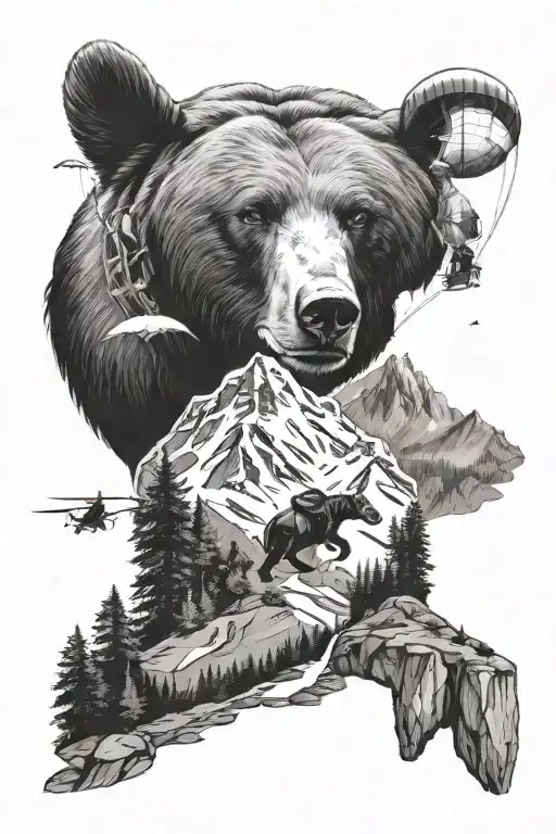 bear mountain landscape , include paraglider flying tattoo design idea