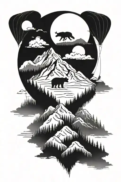 bear mountain landscape , include paraglider flying tattoo design idea