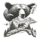 bear mountain landscape , include paraglider flying tattoo design idea
