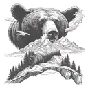 bear walking in Alps mountain landscape , include paraglider flying tattoo design idea