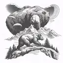 bear walking in Alps mountain landscape , include paraglider flying tattoo design idea