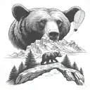 bear walking in Alps mountain landscape , include paraglider flying tattoo design idea