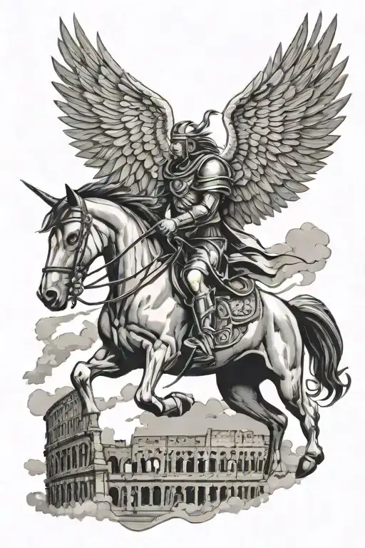 pegasus horse with wings flying over colloseum with spartan fighting with lightning sky tattoo design idea