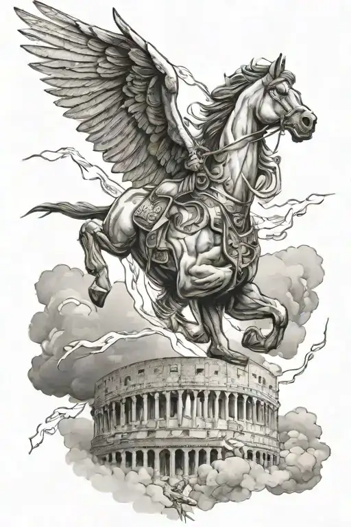 pegasus horse with wings flying over colloseum with spartan fighting with lightning sky tattoo design idea