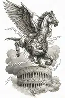 pegasus horse with wings flying over colloseum with spartan fighting with lightning sky tattoo design idea