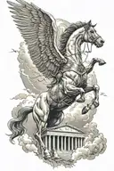 pegasus horse with wings flying over colloseum with spartan fighting with lightning sky tattoo design idea