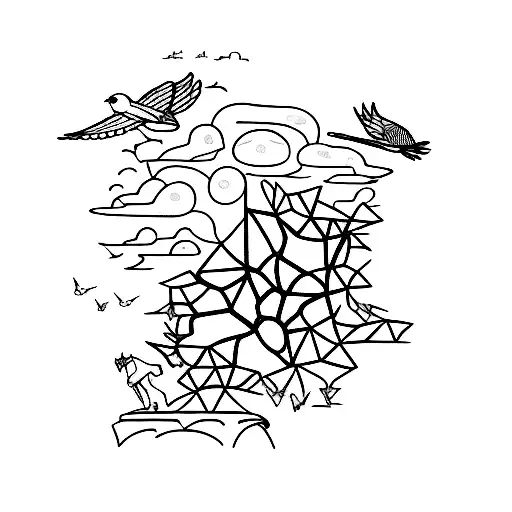 small birds flying above horse memorial  tattoo design idea