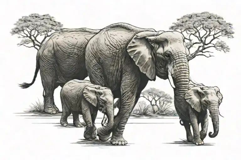 three elephants walking in a line with trunks up tattoo design idea