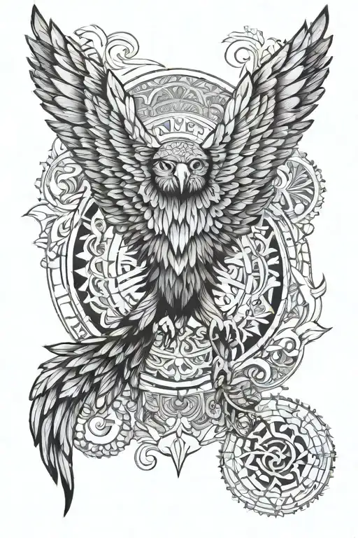 Full Side leg tattoo. Top of tattoo must be eagle wing. mid of the tattoo must be a greek god, bottom tattoo mandala tattoo design idea