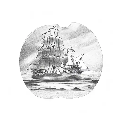 A sketch-style ship sailing towards a radiant Coptic sun tattoo design idea