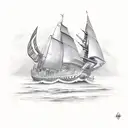 A sketch-style ship sailing towards a radiant Coptic sun tattoo design idea
