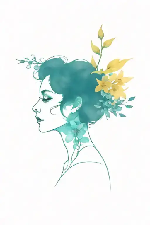 Caterina with flowers (marigold, black tulip, aconite, cempachucil, lycoris radiata, blue spider lily, halfi rose tattoo design idea