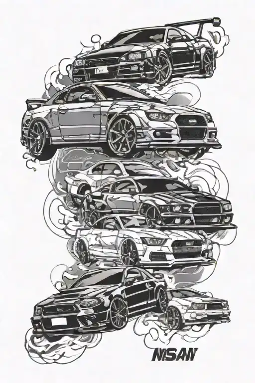 combine nissan skyline r34, mustang shelby 69 and audi rs6 to one tattoo tattoo design idea