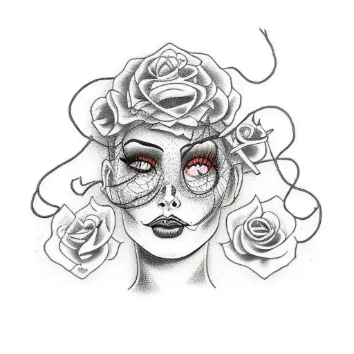 woman's face with cobwebs and noose tattoo design idea