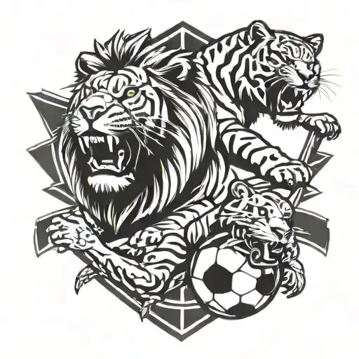 Lion and tiger with cross and football   tattoo design idea