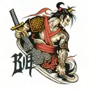 Samurai with Shinto shrine and sons initials sleeve tattoo design idea