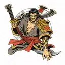 Samurai with Shinto shrine and sons initials sleeve tattoo design idea