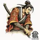 Samurai with Shinto shrine and sons initials sleeve tattoo design idea