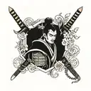 Samurai with Shinto shrine and sons initials tattoo design idea