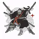 Samurai with Shinto shrine and sons initials tattoo design idea