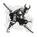 Samurai with Shinto shrine and sons initials tattoo design idea