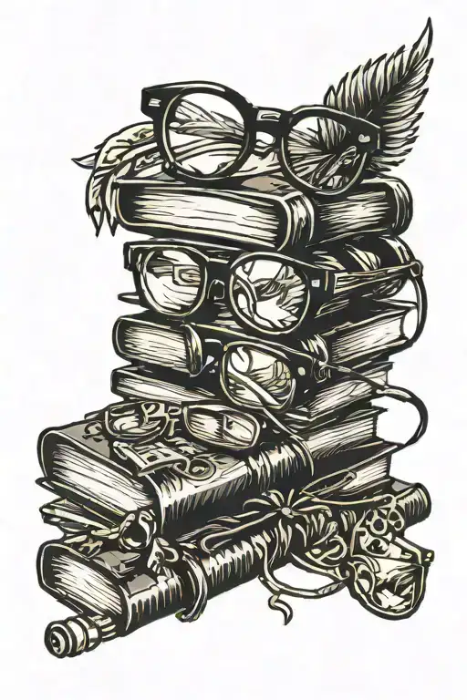 stack of books with pair of glasses in a ray of light tattoo design idea